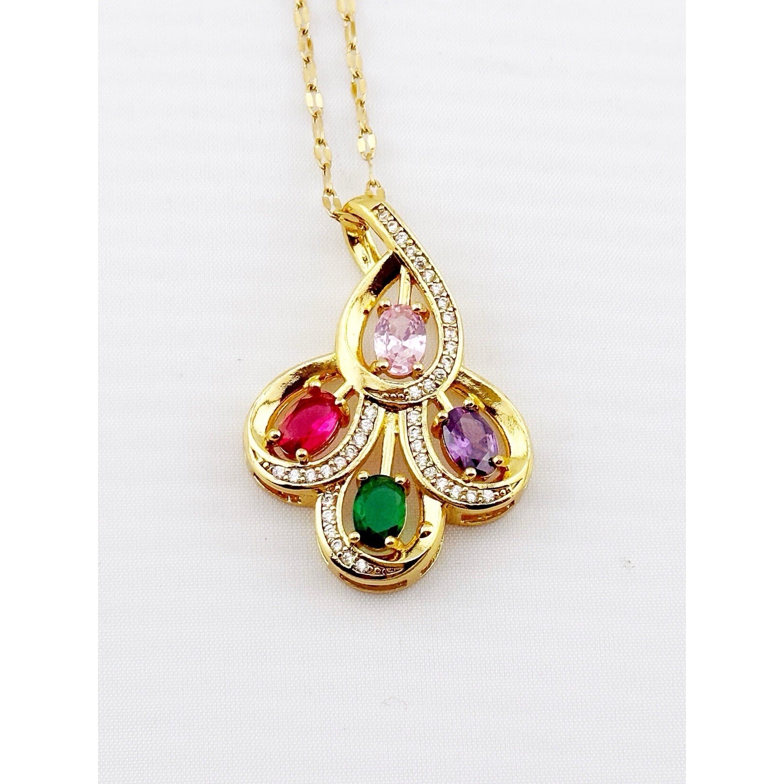Flower Pendant Stainless Steel Chain Gold Tone Necklace. Cubic Zirconia Stones